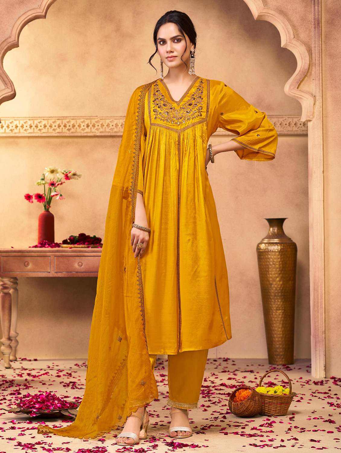 women solid with work three quarter sleeve kurta pant with dupatta set - 22286529 -  Standard Image - 1