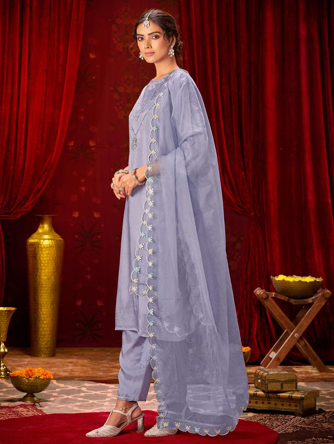 women solid with work three quarter sleeve kurta pant with dupatta set - 22286532 -  Standard Image - 1