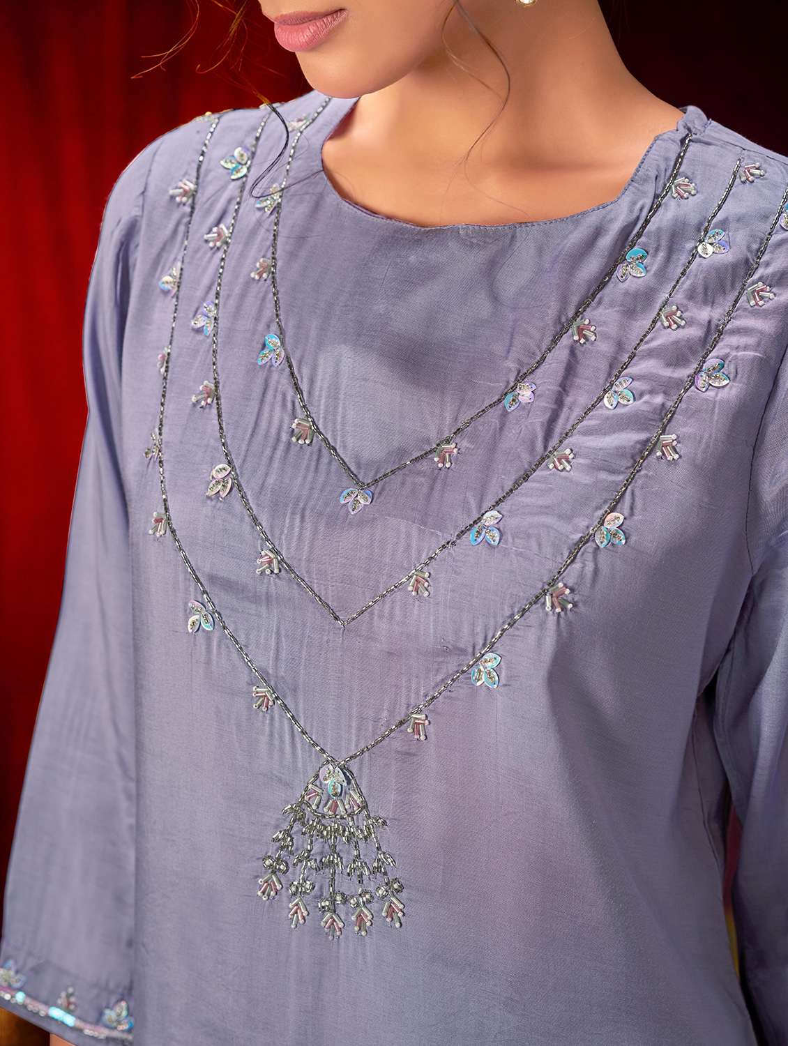 women solid with work three quarter sleeve kurta pant with dupatta set - 22286532 -  Standard Image - 4