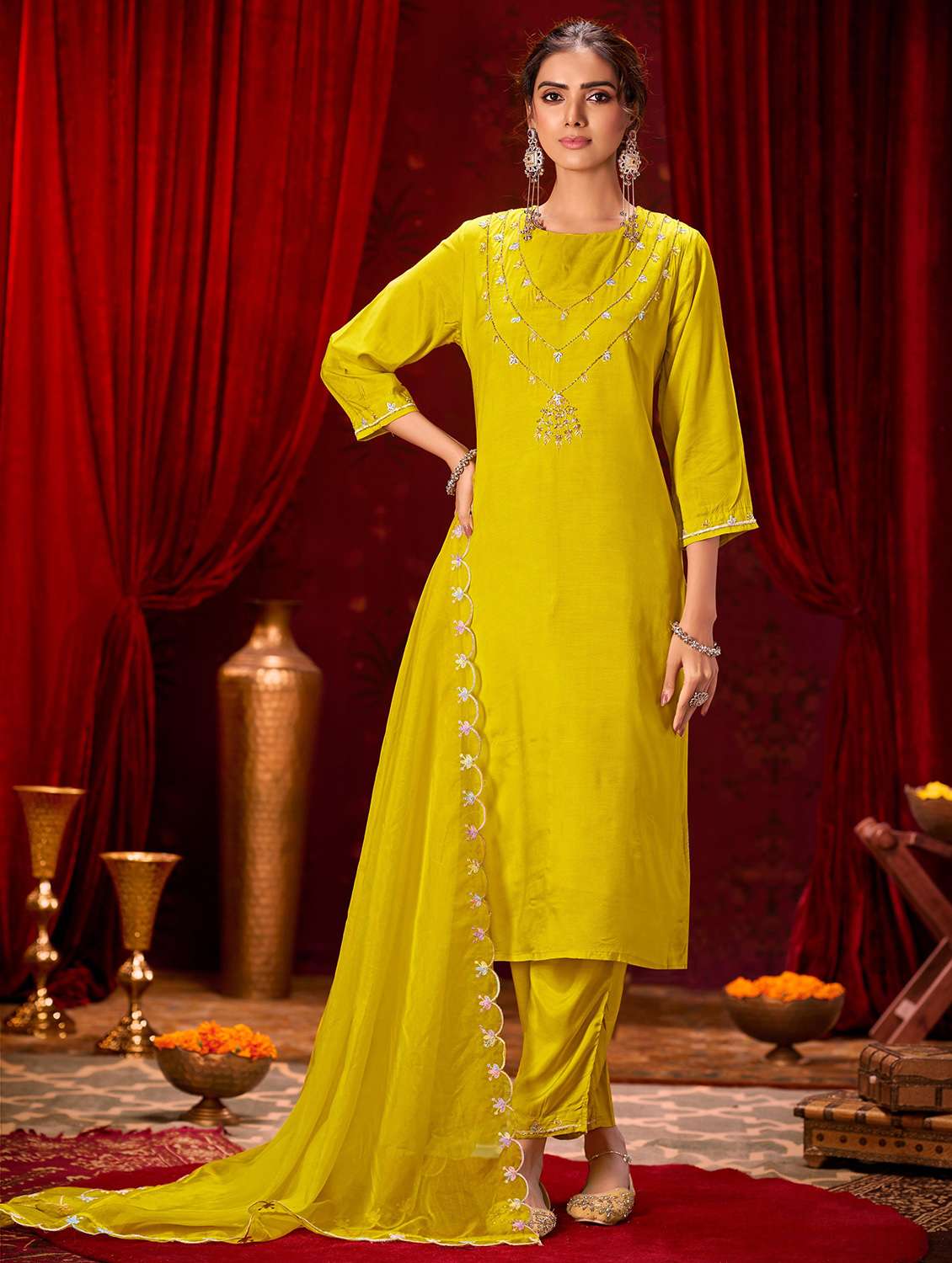 women solid with work three quarter sleeve kurta pant with dupatta set - 22286533 -  Standard Image - 1