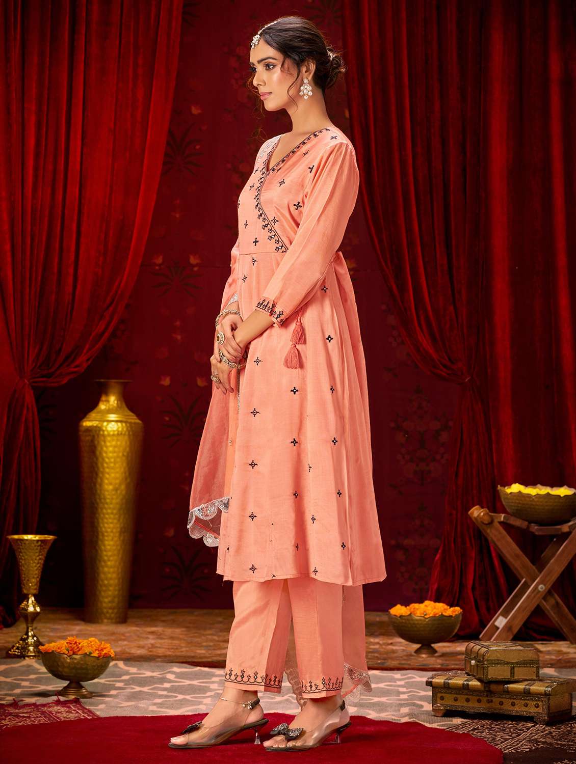 women solid with work three quarter sleeve kurta pant with dupatta set - 22286534 -  Standard Image - 1