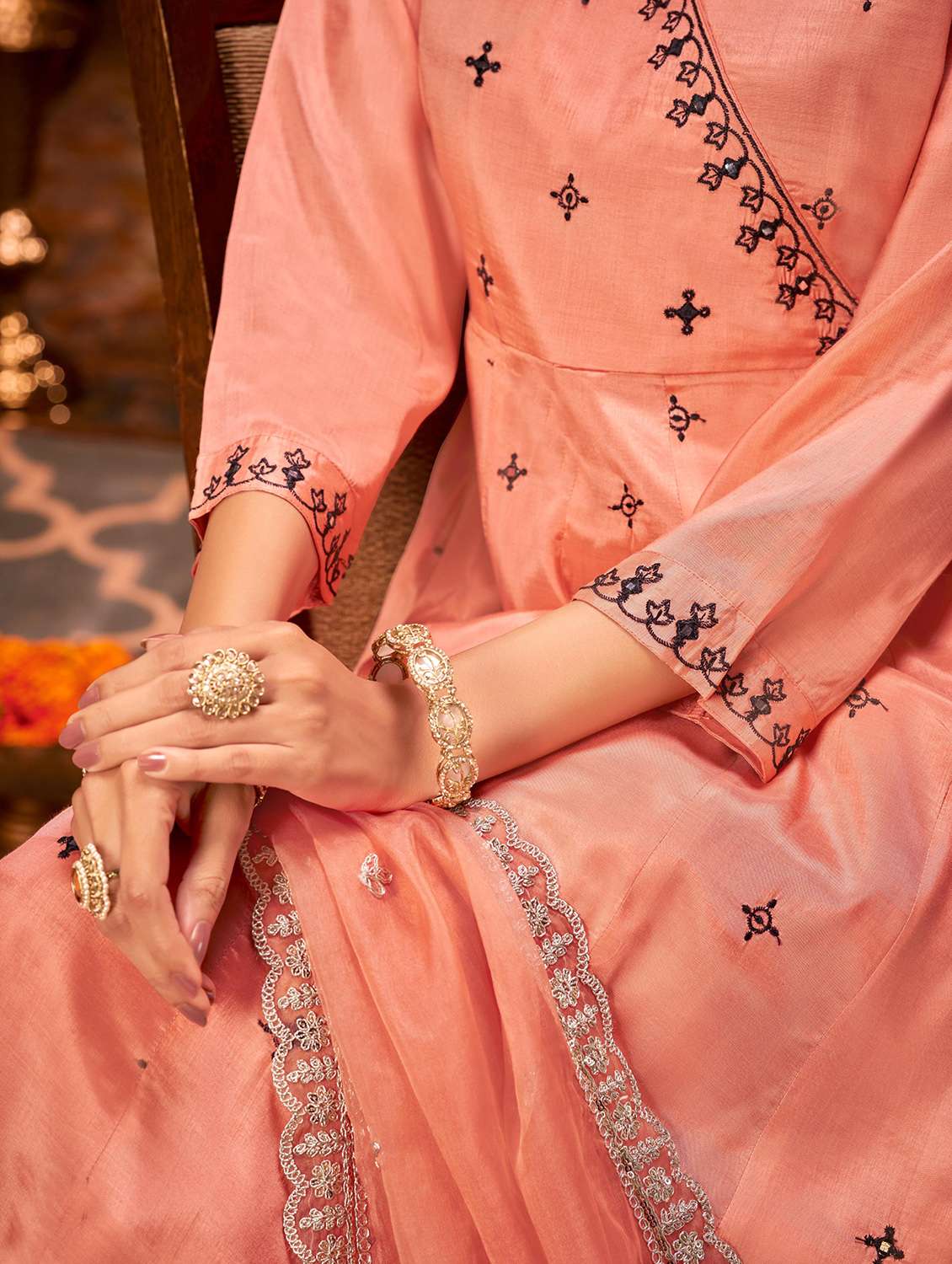 women solid with work three quarter sleeve kurta pant with dupatta set - 22286534 -  Standard Image - 4