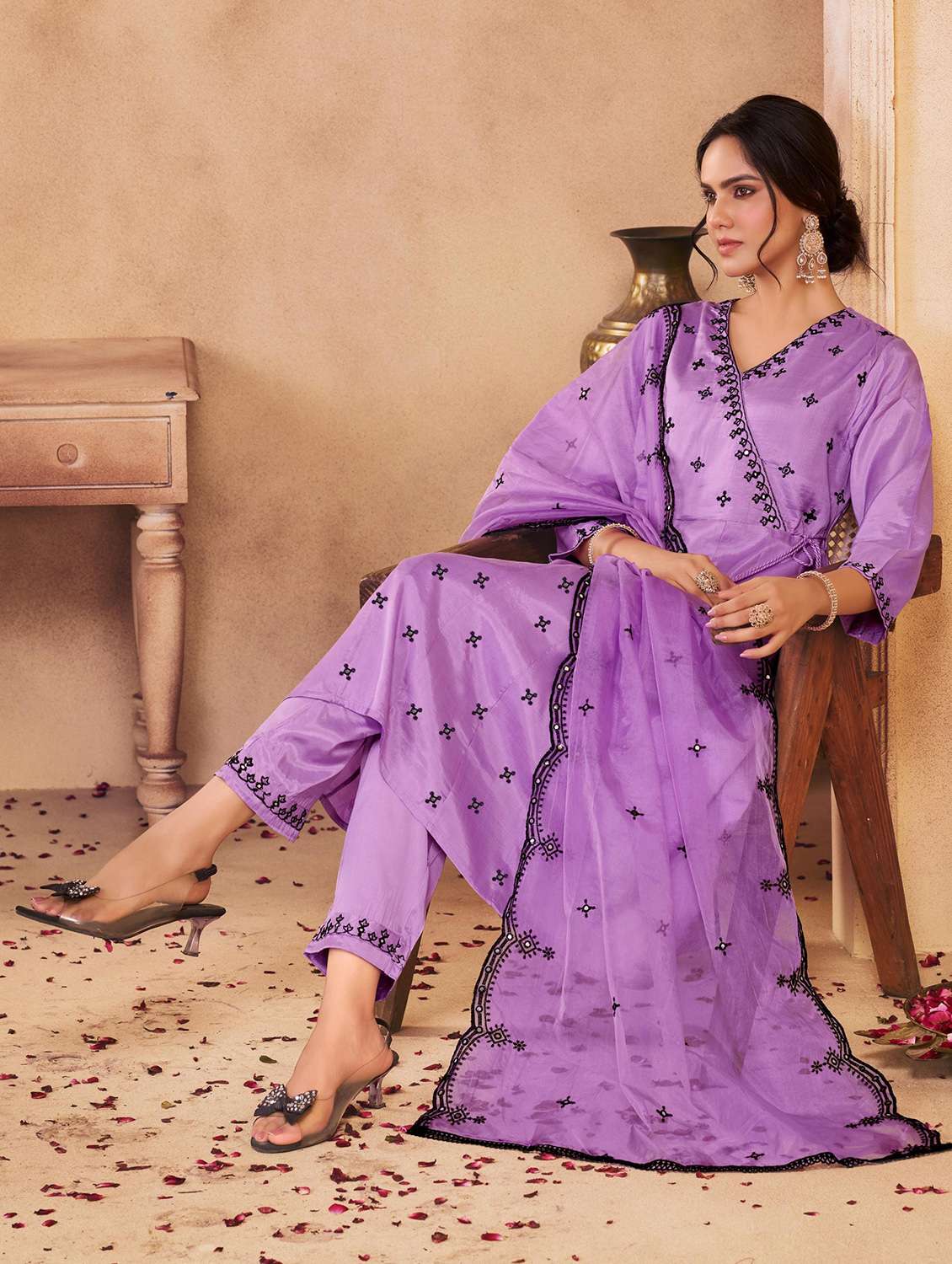 women solid with work three quarter sleeve kurta pant with dupatta set - 22286535 -  Standard Image - 1
