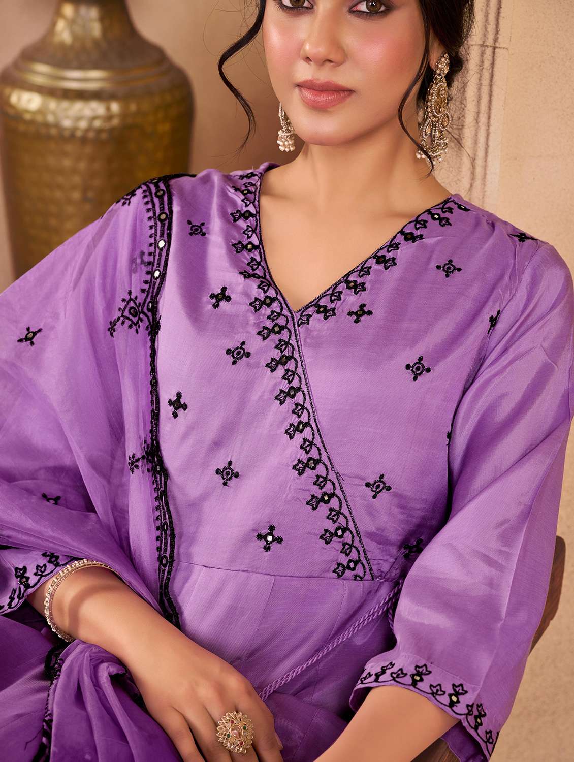 women solid with work three quarter sleeve kurta pant with dupatta set - 22286535 -  Standard Image - 4