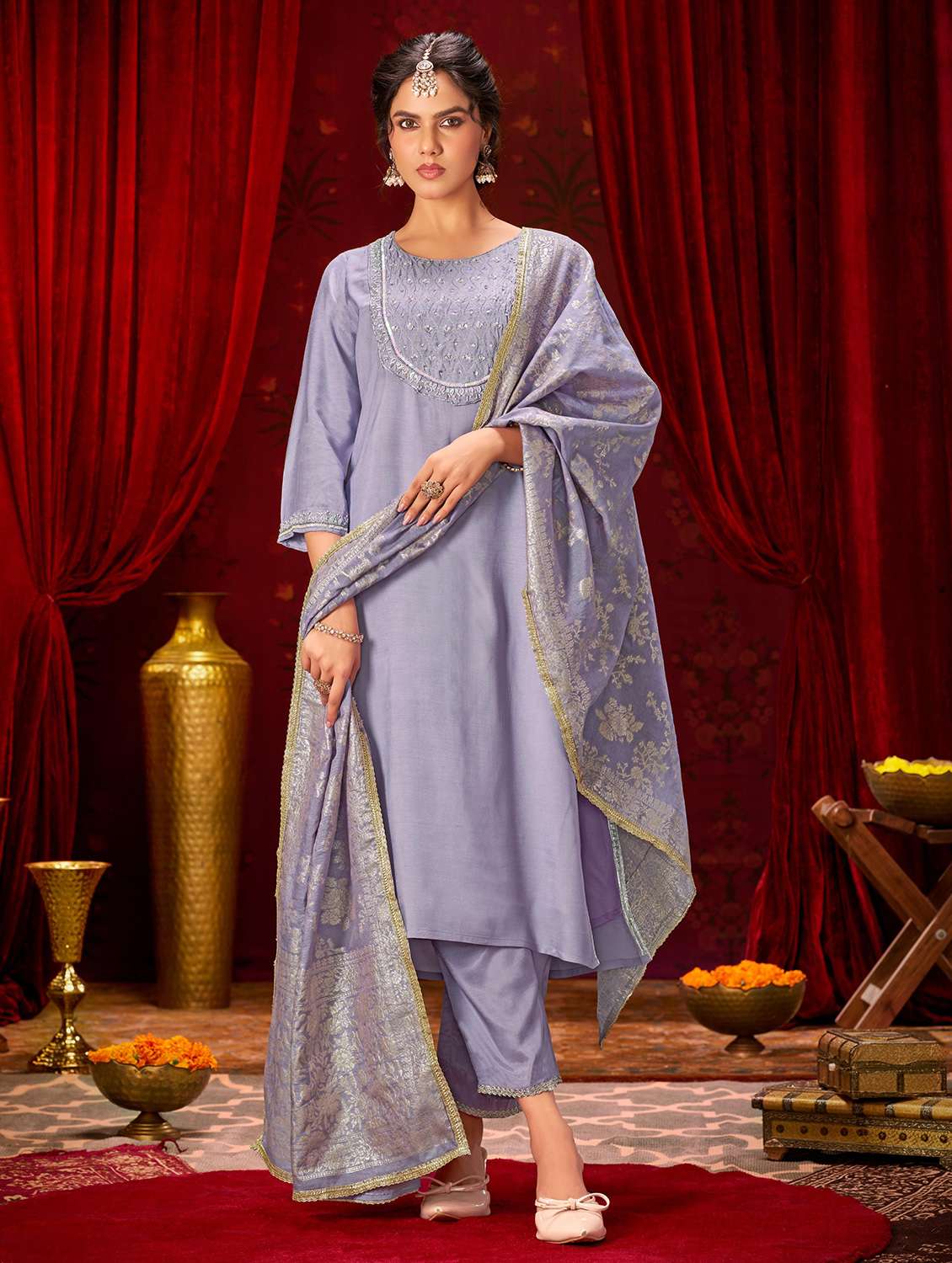 women solid with work three quarter sleeve kurta pant with dupatta set - 22286536 -  Standard Image - 1