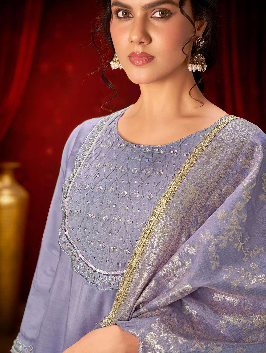 women solid with work three quarter sleeve kurta pant with dupatta set - 22286536 -  Standard Image - 4