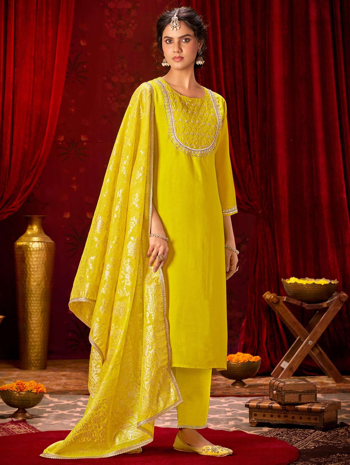 women solid with work three quarter sleeve kurta pant with dupatta set - 22286537 -  Standard Image - 1