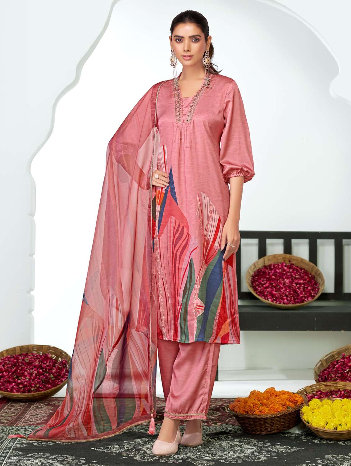 women printed three quarter sleeve kurta pant with dupatta set - 22286539 -  Standard Image - 1