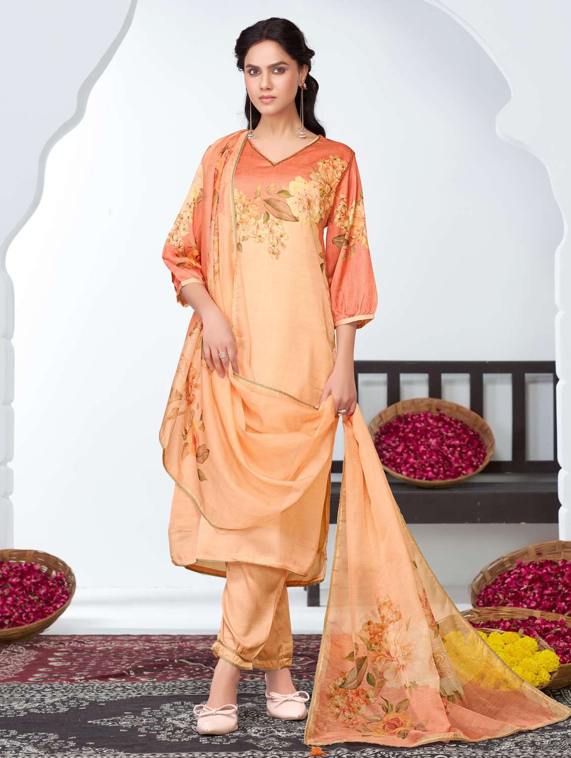 women floral three quarter sleeve kurta pant with dupatta set - 22286542 -  Standard Image - 1