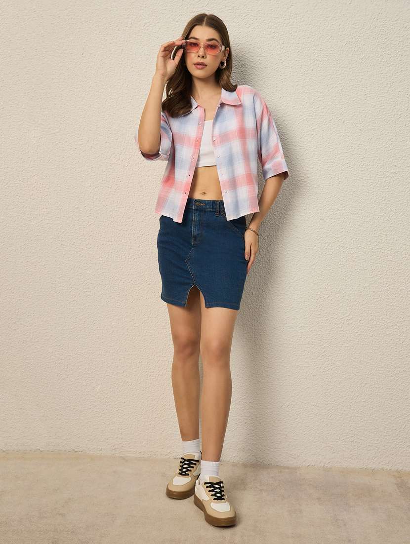 women checkered collared short sleeve crop shirt - 22286756 -  Standard Image - 4