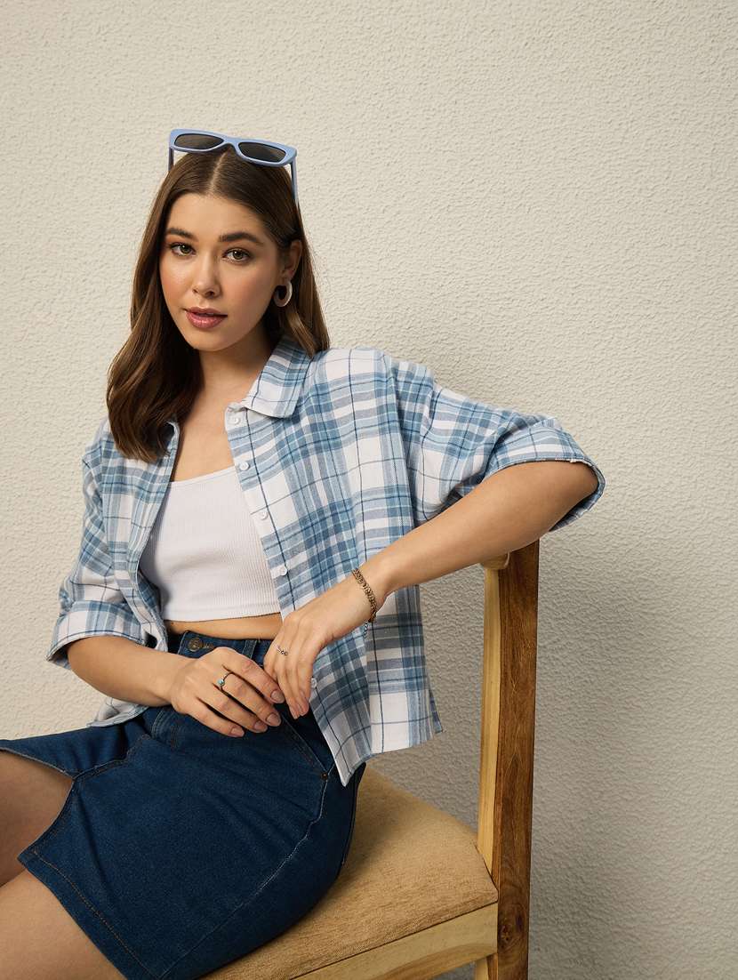 women checkered collared short sleeve crop shirt - 22286757 -  Standard Image - 1