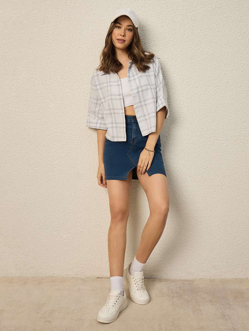 women checkered collared short sleeve crop shirt - 22286758 -  Standard Image - 4