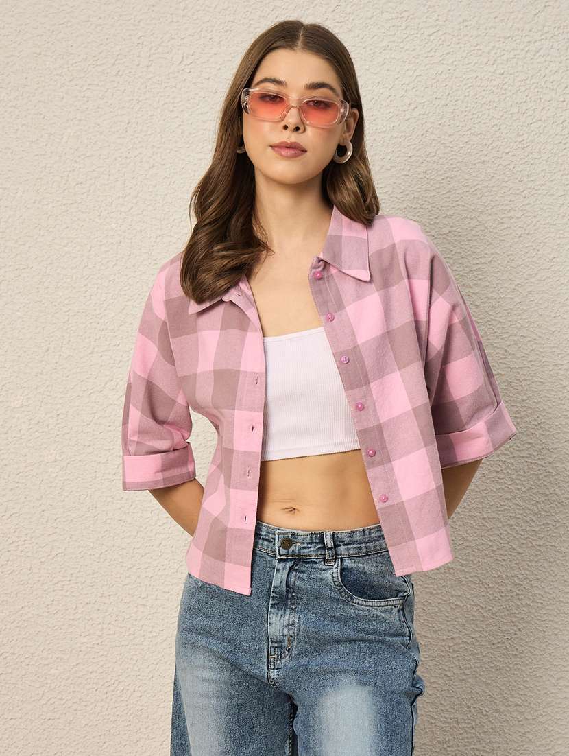 women checkered collared short sleeve crop shirt