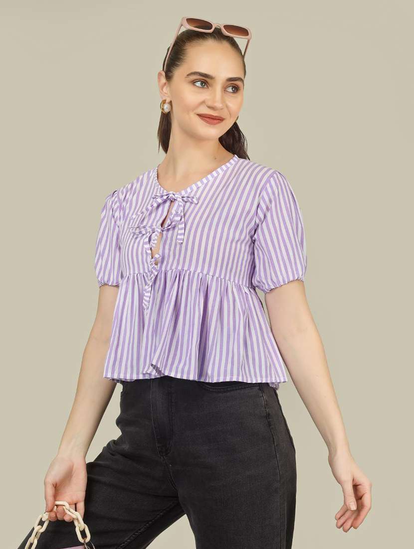 women striped puff sleeve front tie peplum top - 22286821 -  Standard Image - 1