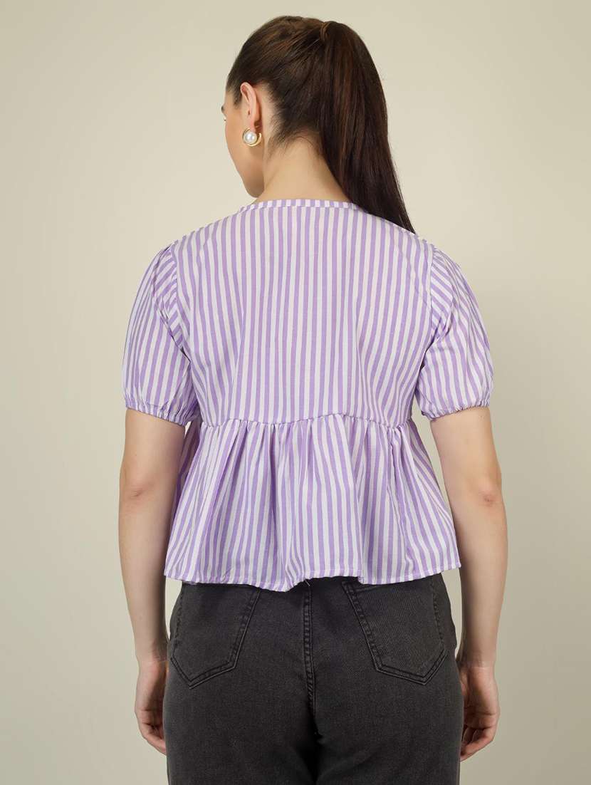women striped puff sleeve front tie peplum top - 22286821 -  Standard Image - 4