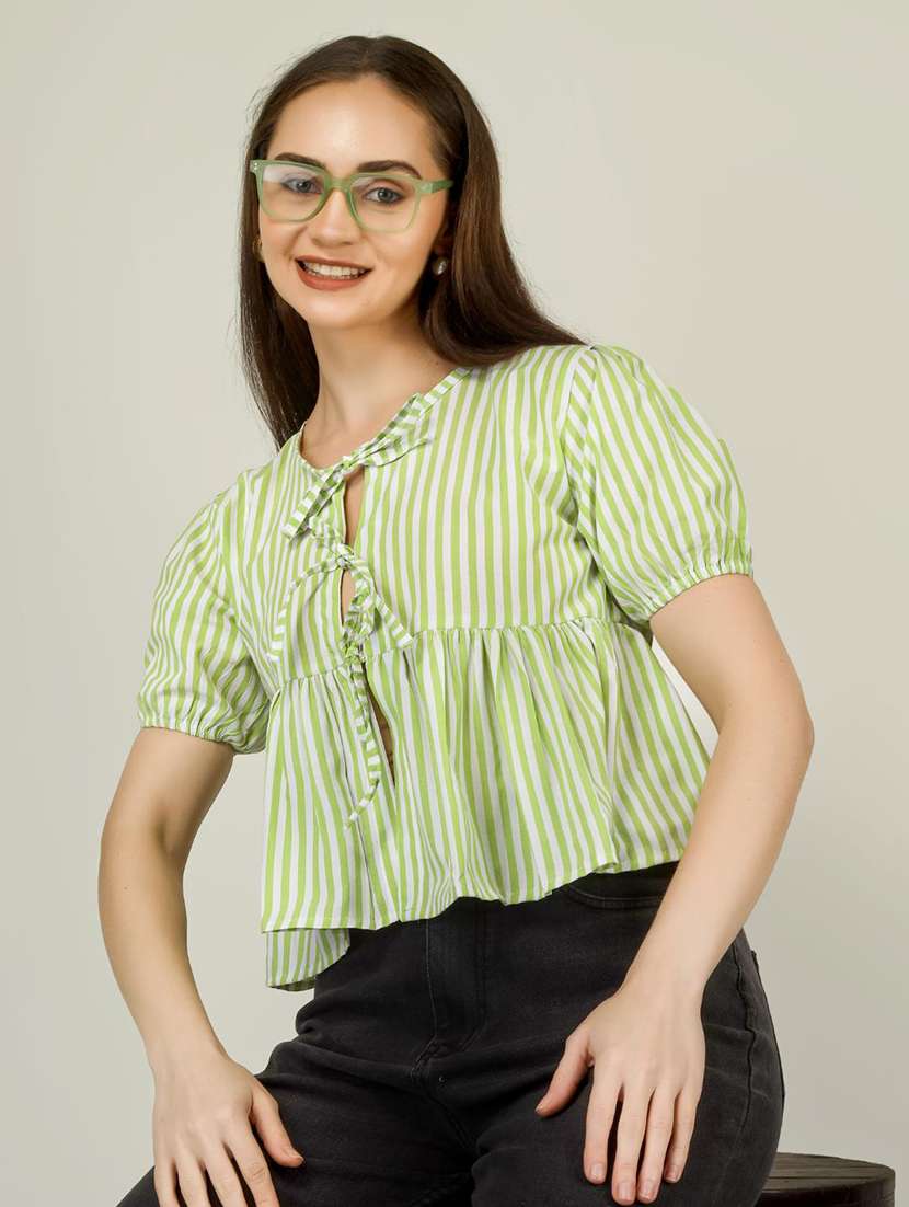 women striped puff sleeve front tie peplum top - 22286822 -  Standard Image - 1