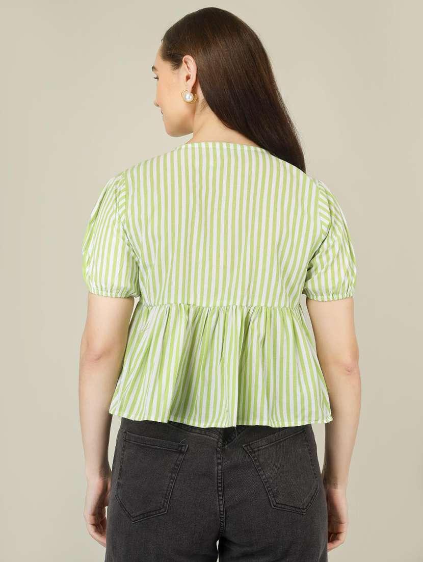 women striped puff sleeve front tie peplum top - 22286822 -  Standard Image - 4