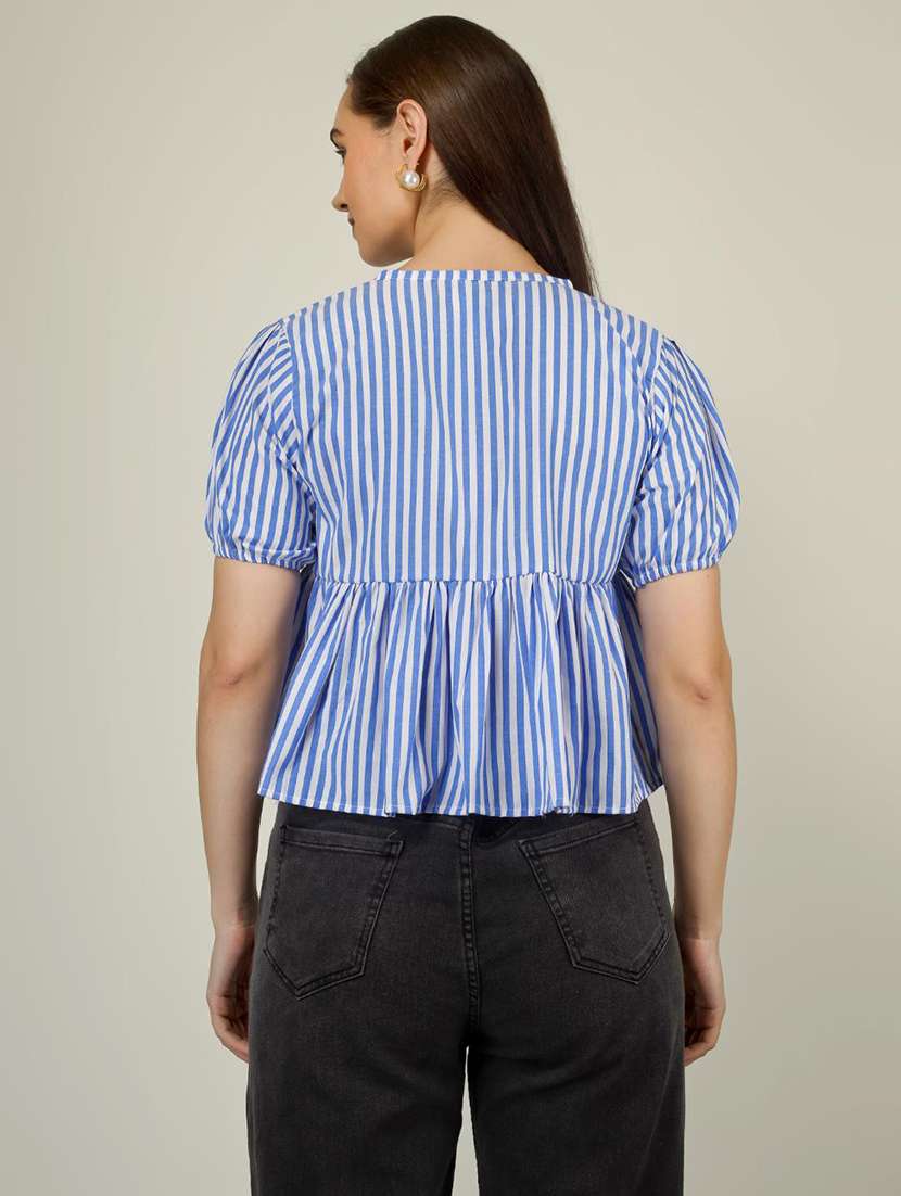 women striped puff sleeve front tie peplum top - 22286823 -  Standard Image - 4