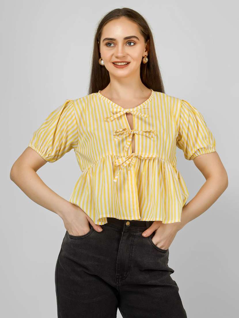 women striped puff sleeve front tie peplum top - 22286824 -  Standard Image - 1