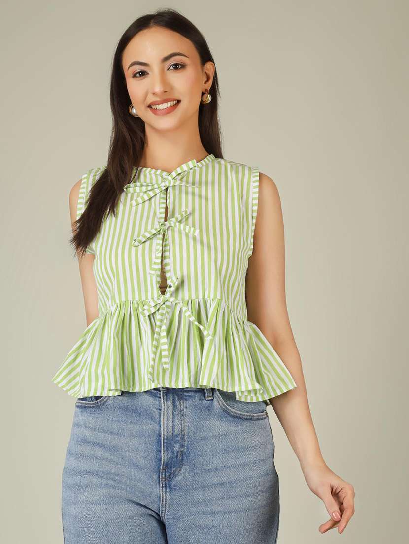 women striped sleeveless front tie peplum top - 22286825 -  Standard Image - 1