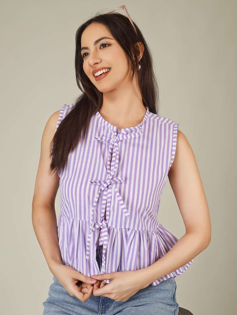 women striped sleeveless front tie peplum top - 22286827 -  Standard Image - 1