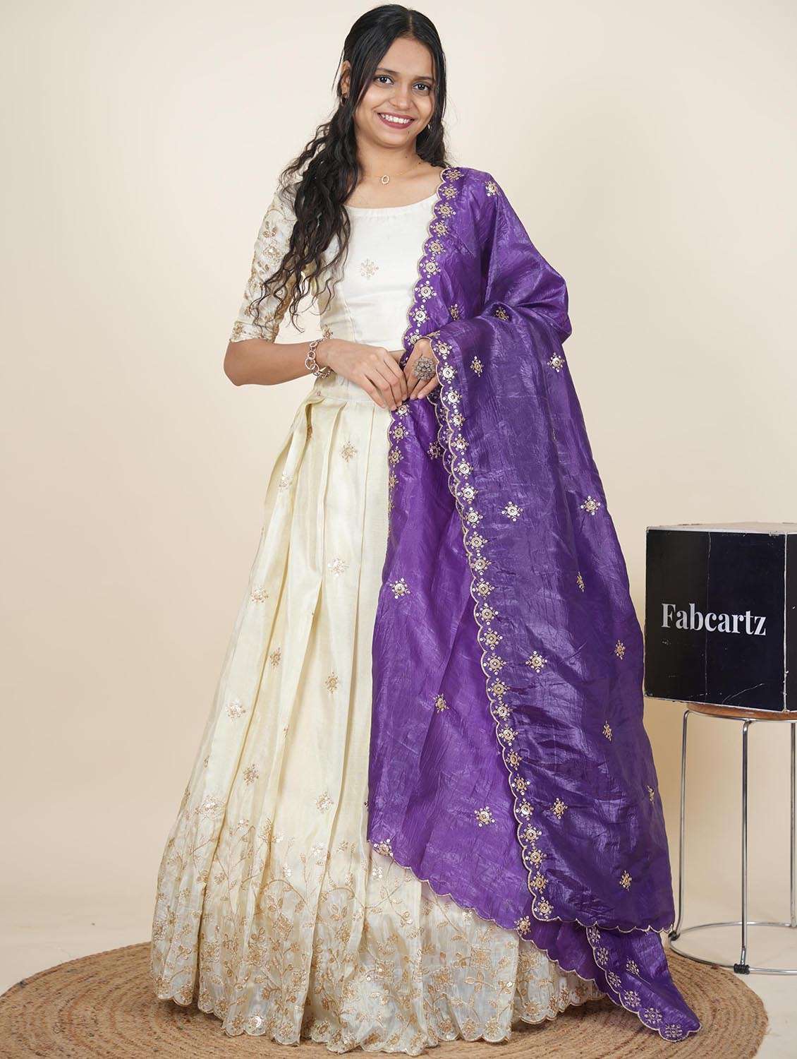 women solid with work semi-stitched flared lehenga