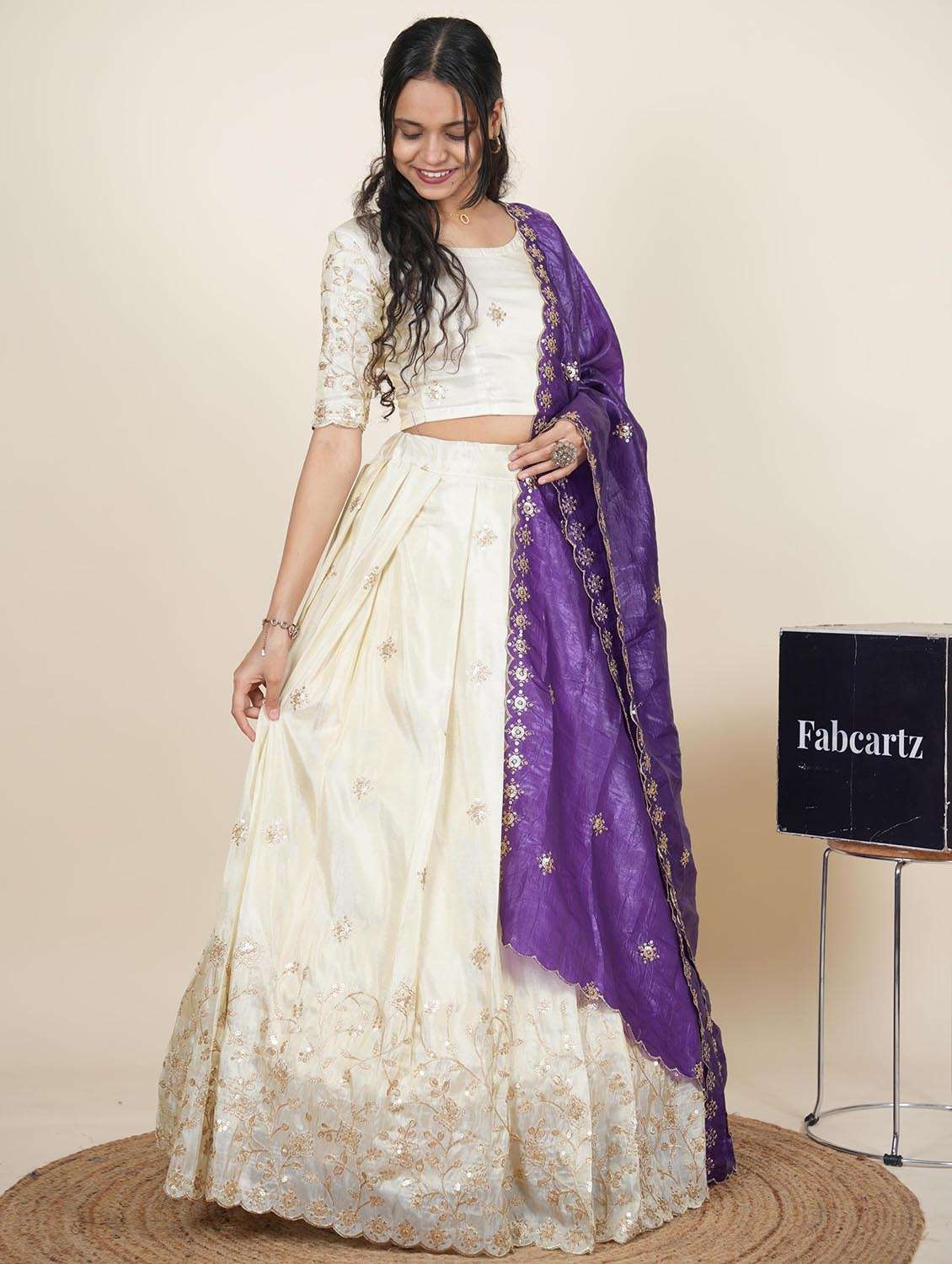 women solid with work semi-stitched flared lehenga - 22286940 -  Standard Image - 1