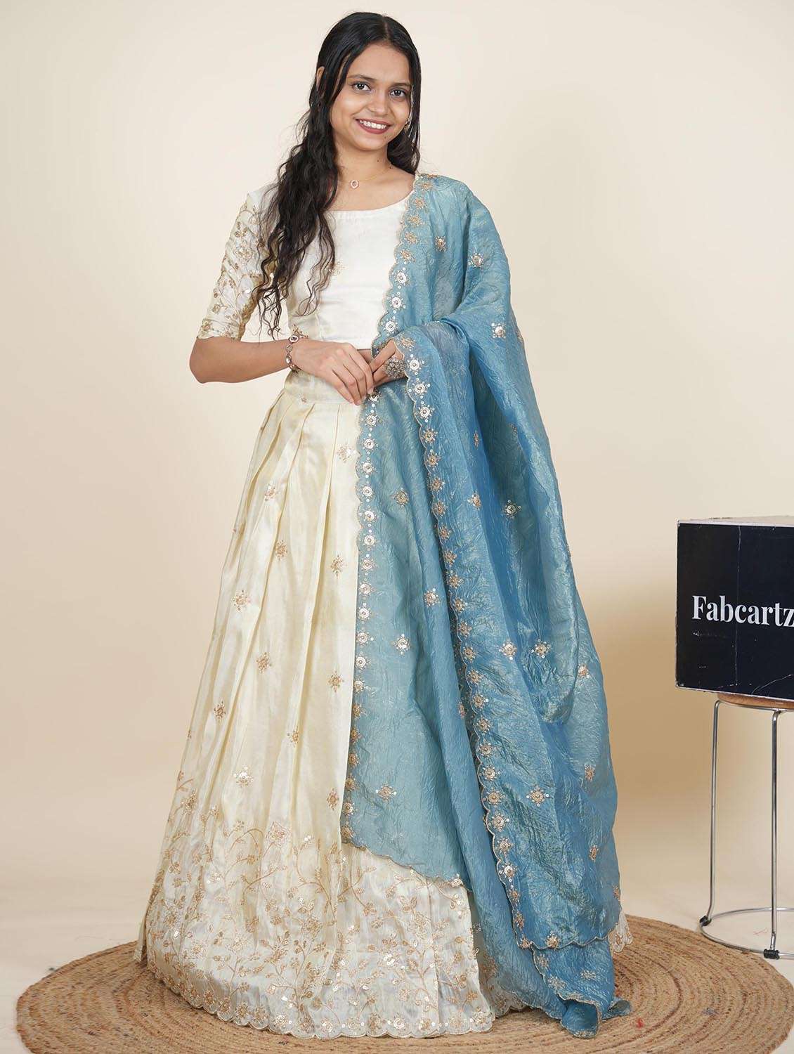 women solid with work semi-stitched flared lehenga