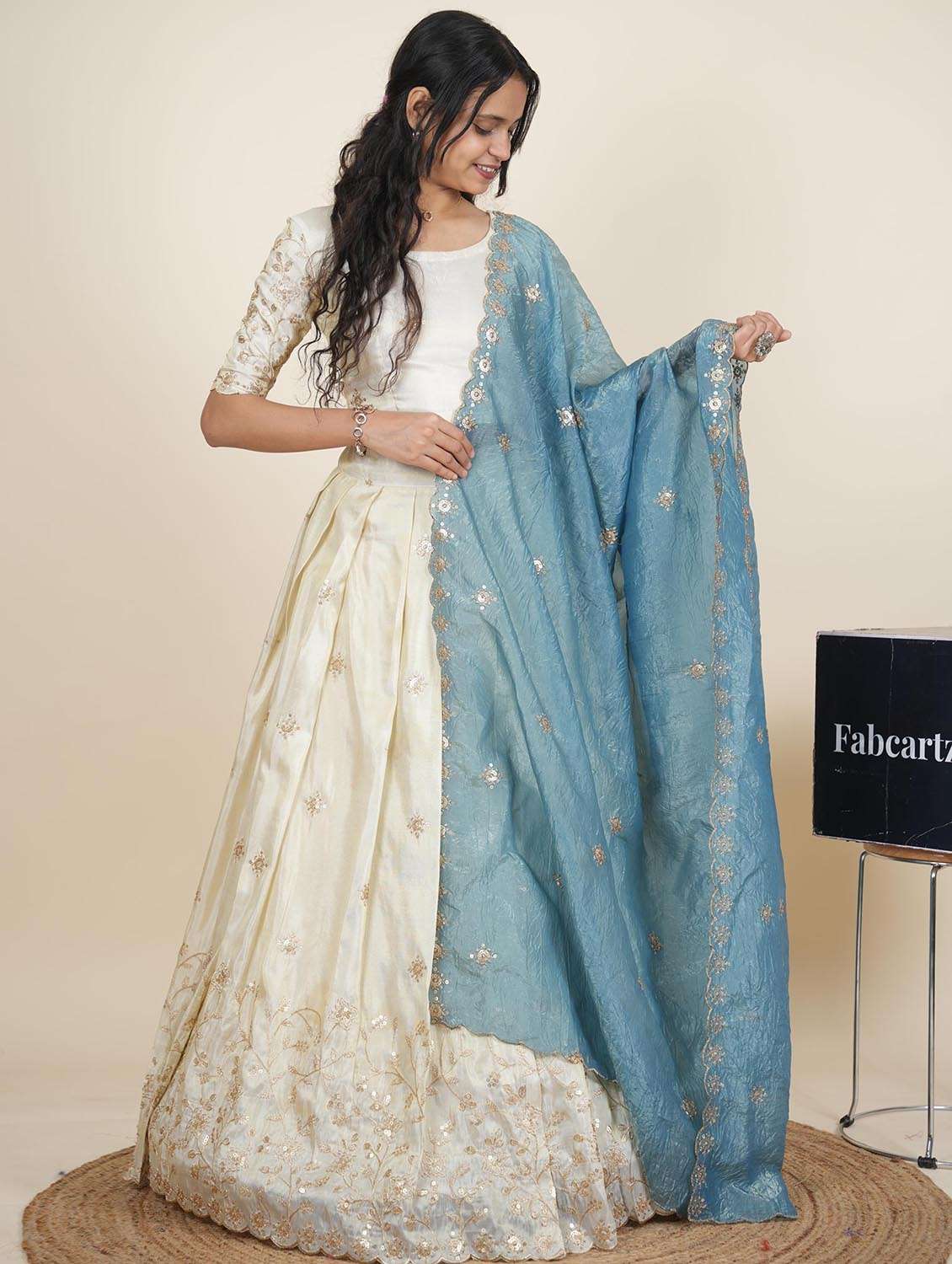 women solid with work semi-stitched flared lehenga - 22286941 -  Standard Image - 1