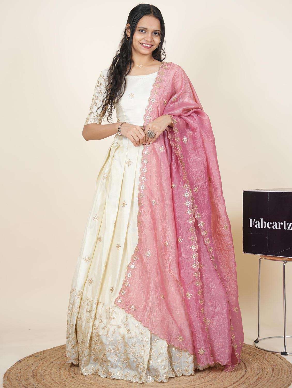 women solid with work semi-stitched flared lehenga