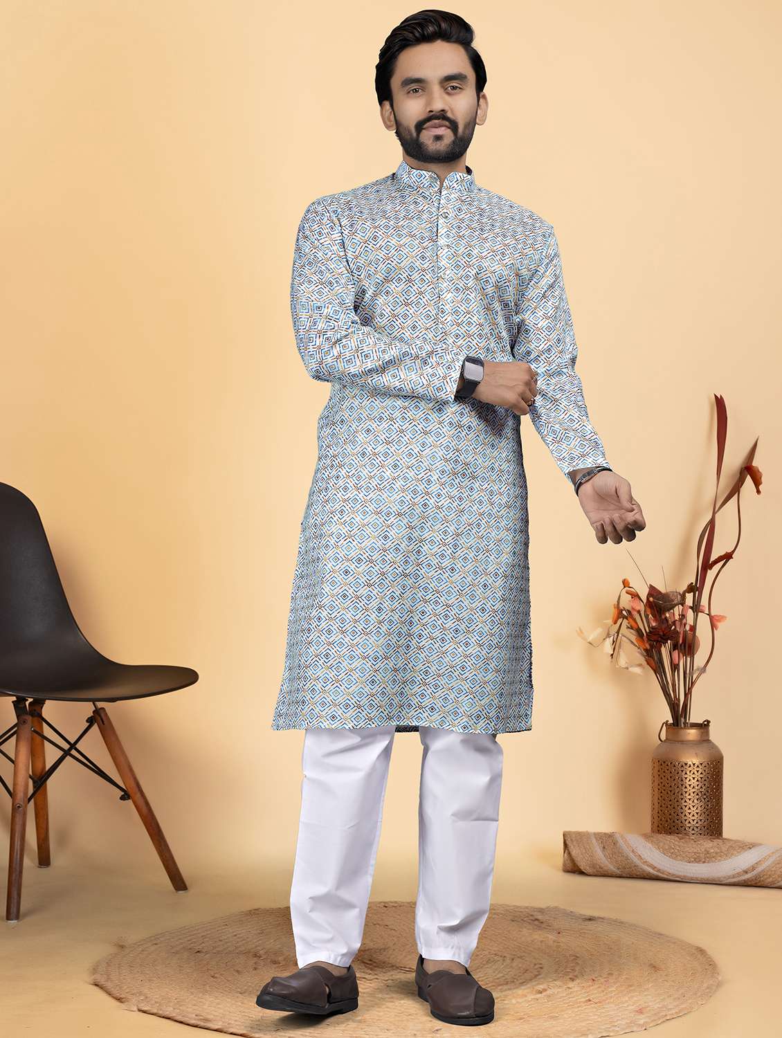 men printed mandarin neck long kurta - 22286971 -  Standard Image - 1
