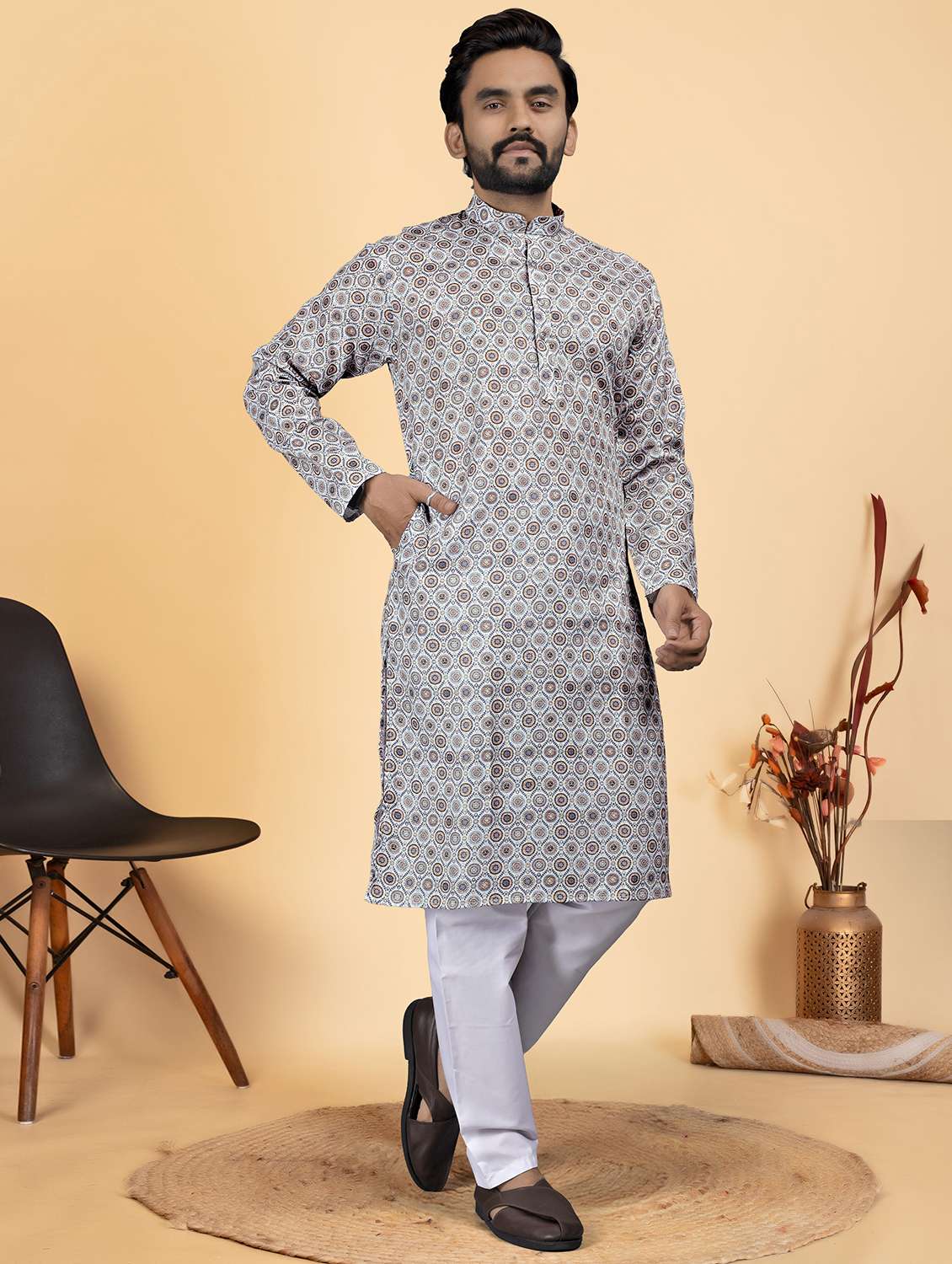 men printed mandarin neck long kurta - 22286976 -  Standard Image - 1