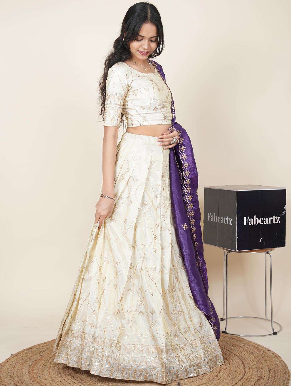 women solid with work semi-stitched flared lehenga - 22287083 -  Standard Image - 1