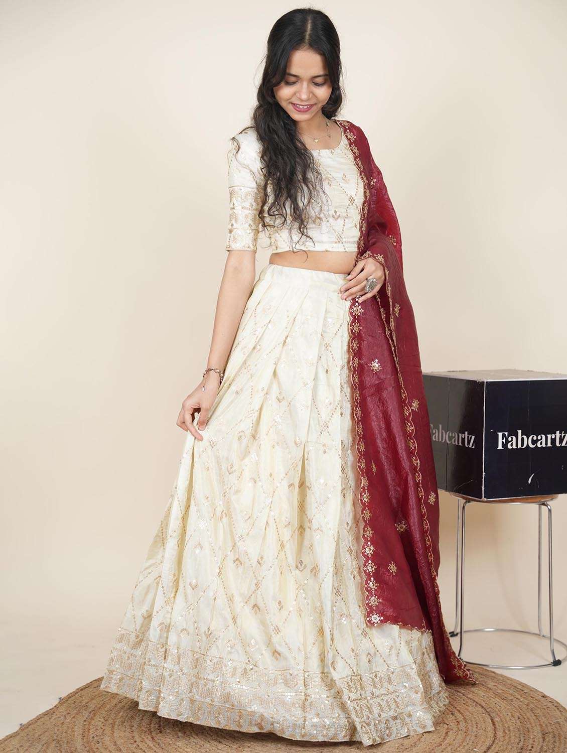 women solid with work semi-stitched flared lehenga - 22287084 -  Standard Image - 1