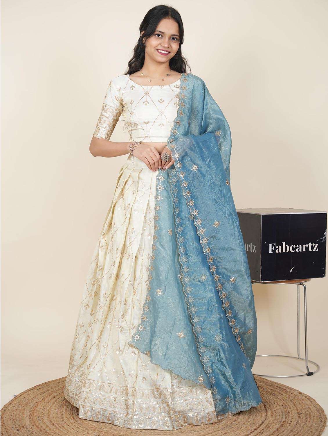 women solid with work semi-stitched flared lehenga