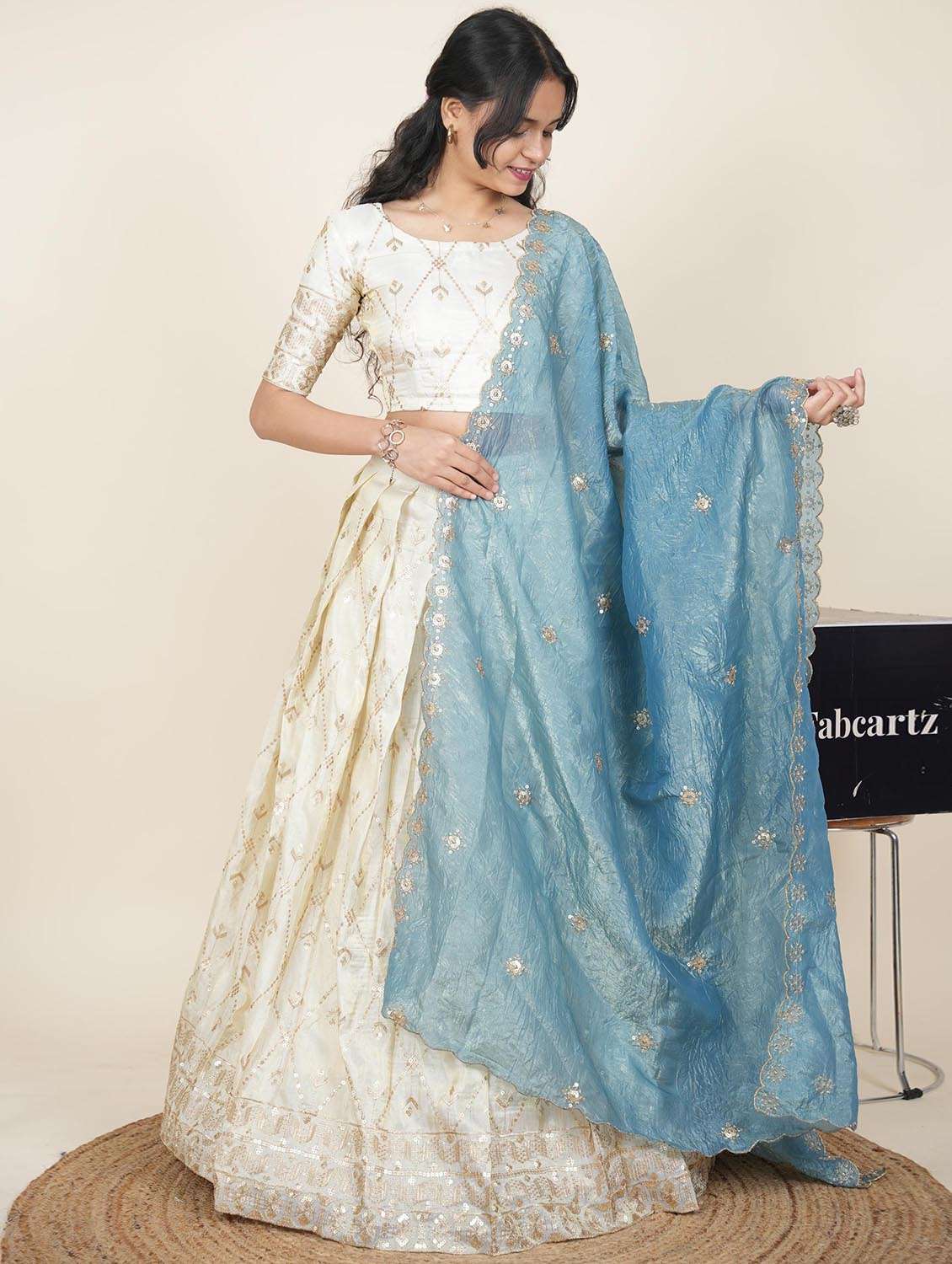 women solid with work semi-stitched flared lehenga - 22287086 -  Standard Image - 1