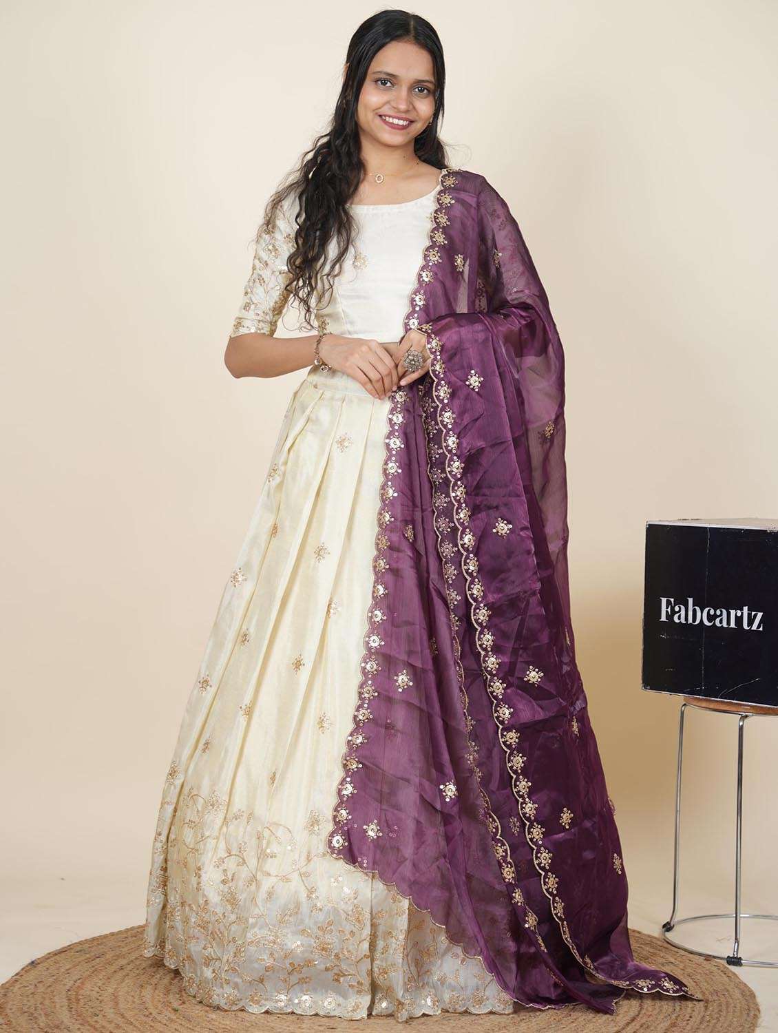 women solid with work semi-stitched flared lehenga