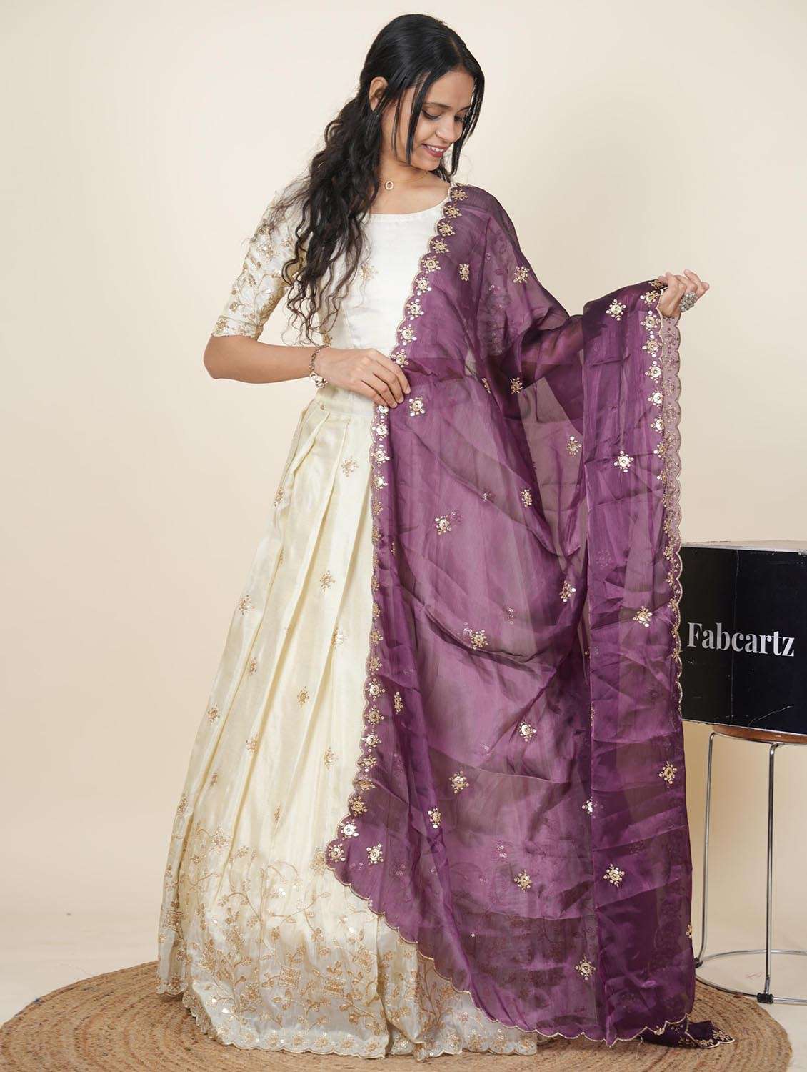 women solid with work semi-stitched flared lehenga - 22287089 -  Standard Image - 1