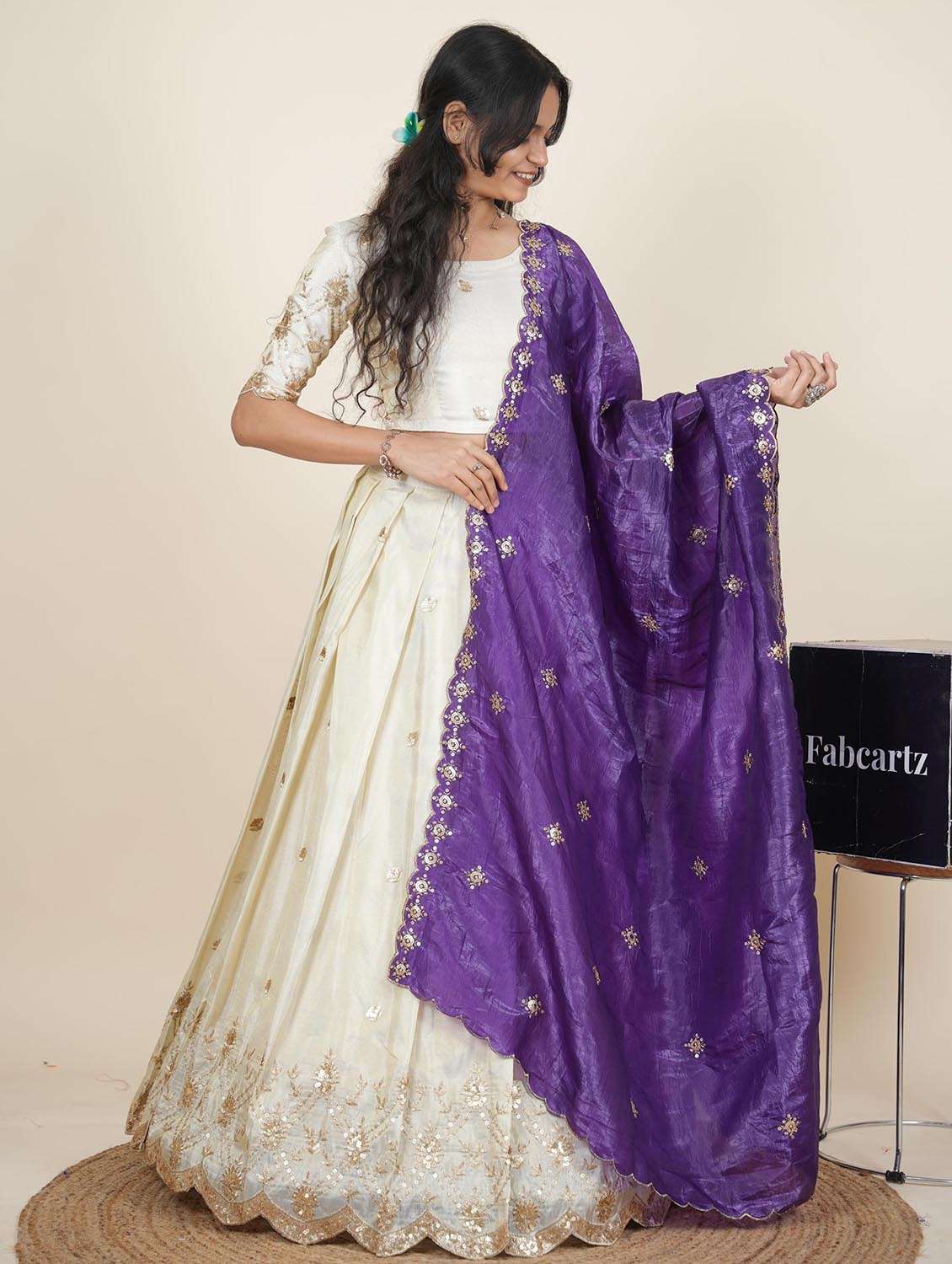 women solid with work semi-stitched flared lehenga - 22287093 -  Standard Image - 1