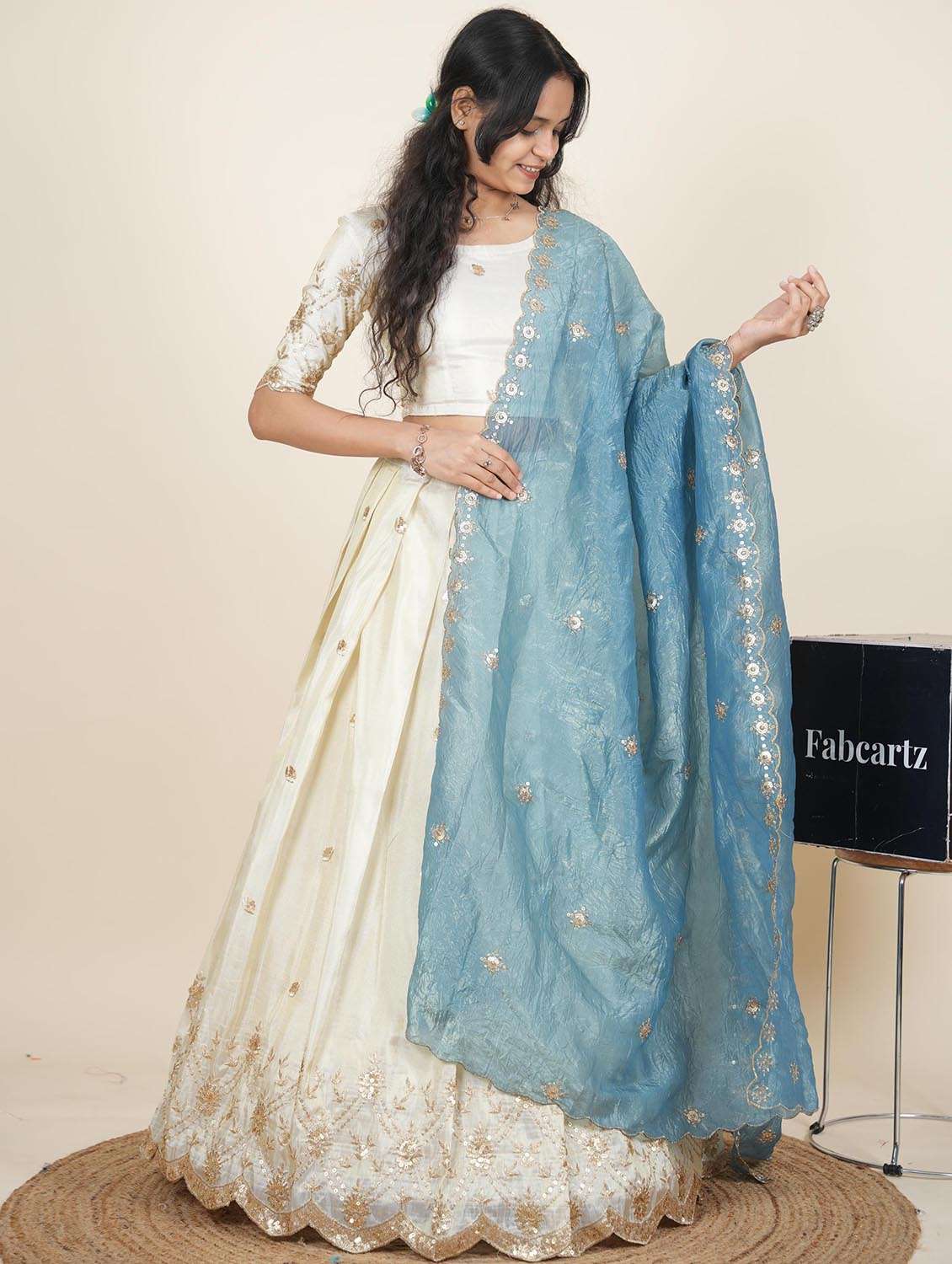 women solid with work semi-stitched flared lehenga - 22287094 -  Standard Image - 1