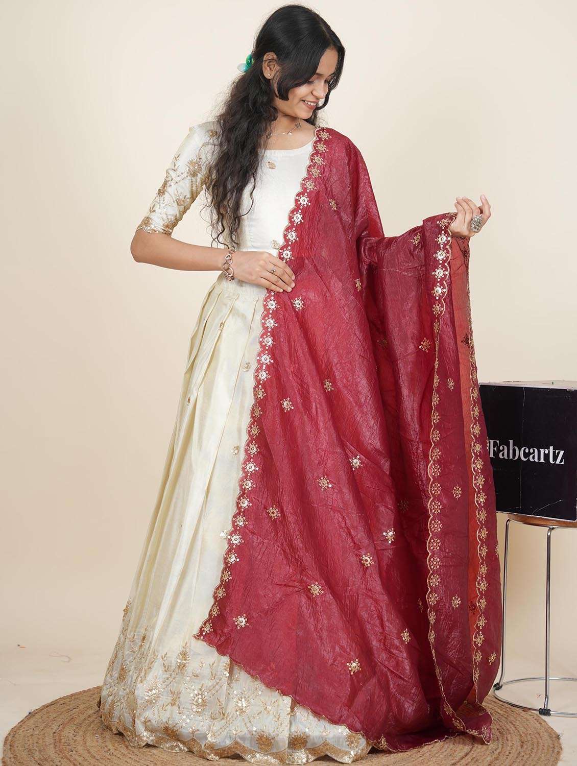 women solid with work semi-stitched flared lehenga - 22287095 -  Standard Image - 1