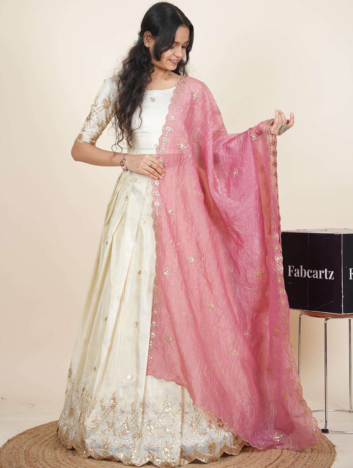 women solid with work semi-stitched flared lehenga - 22287096 -  Standard Image - 1