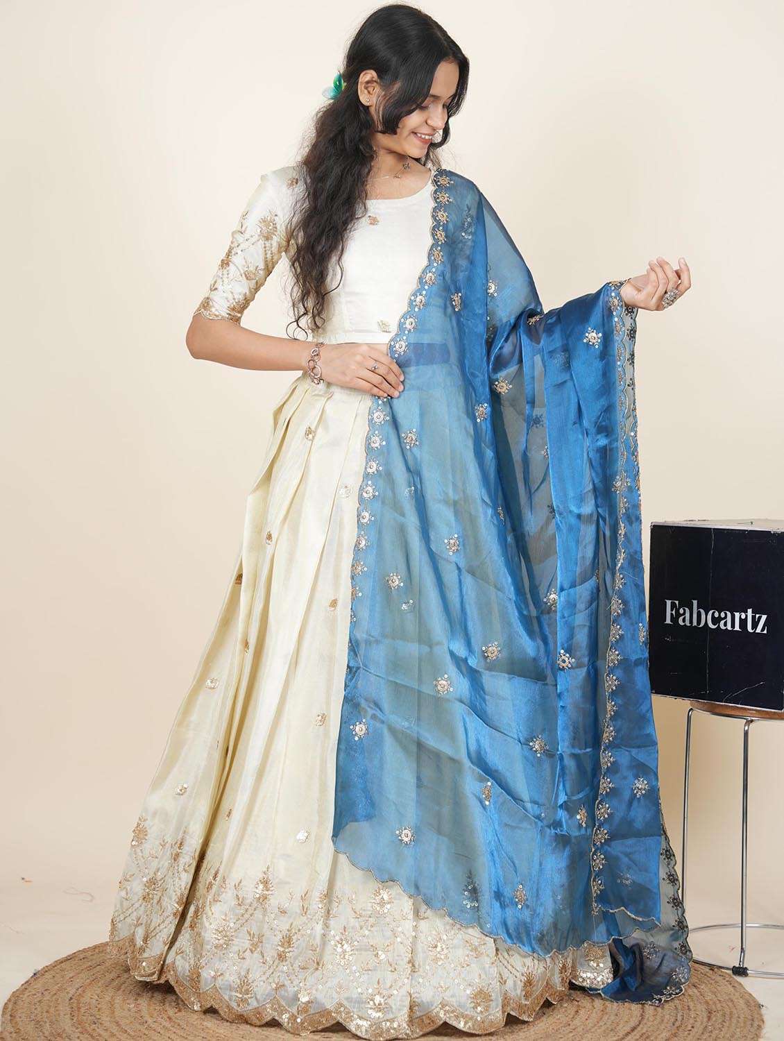 women solid with work semi-stitched flared lehenga - 22287098 -  Standard Image - 1