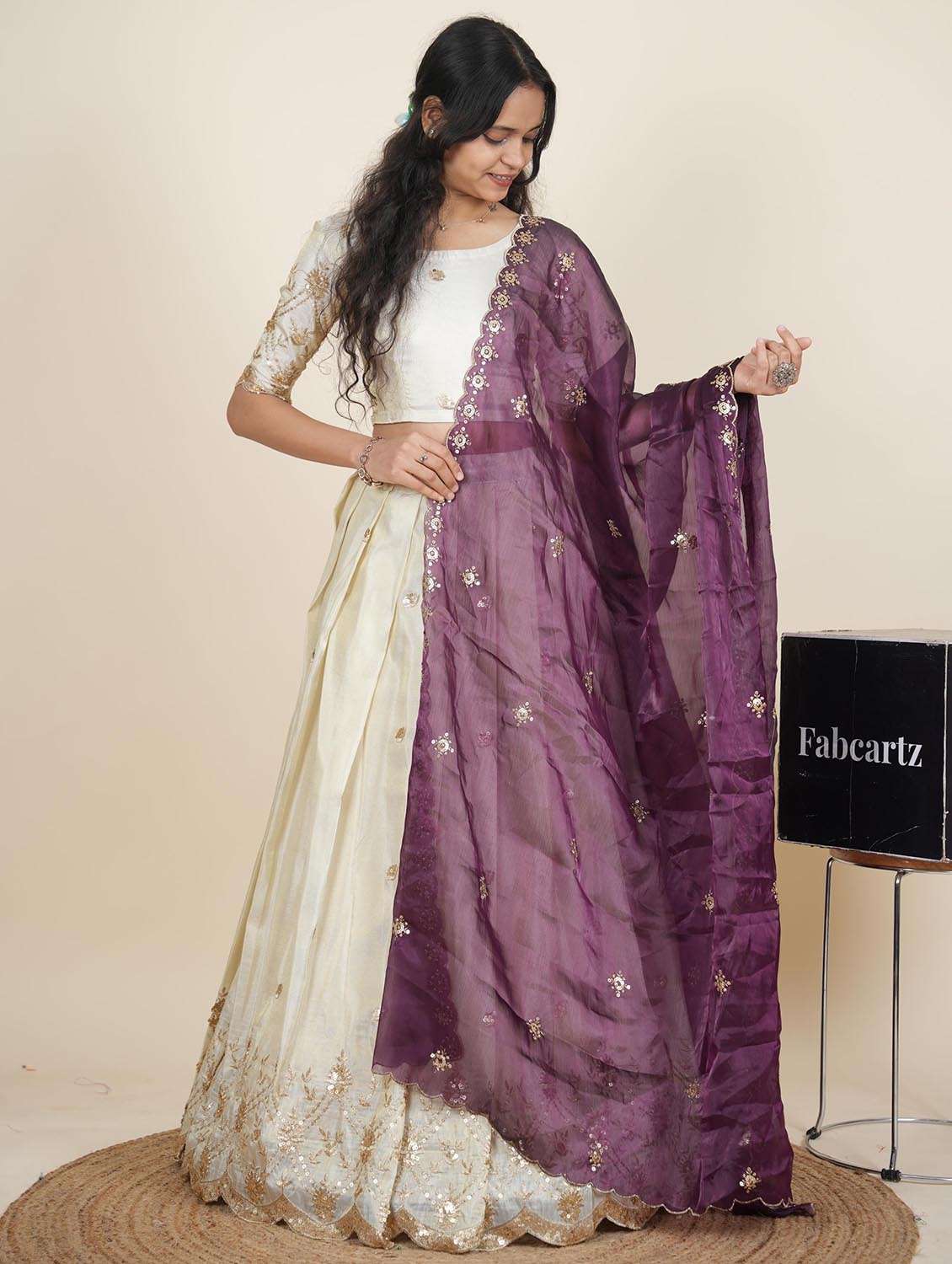 women solid with work semi-stitched flared lehenga - 22287099 -  Standard Image - 1