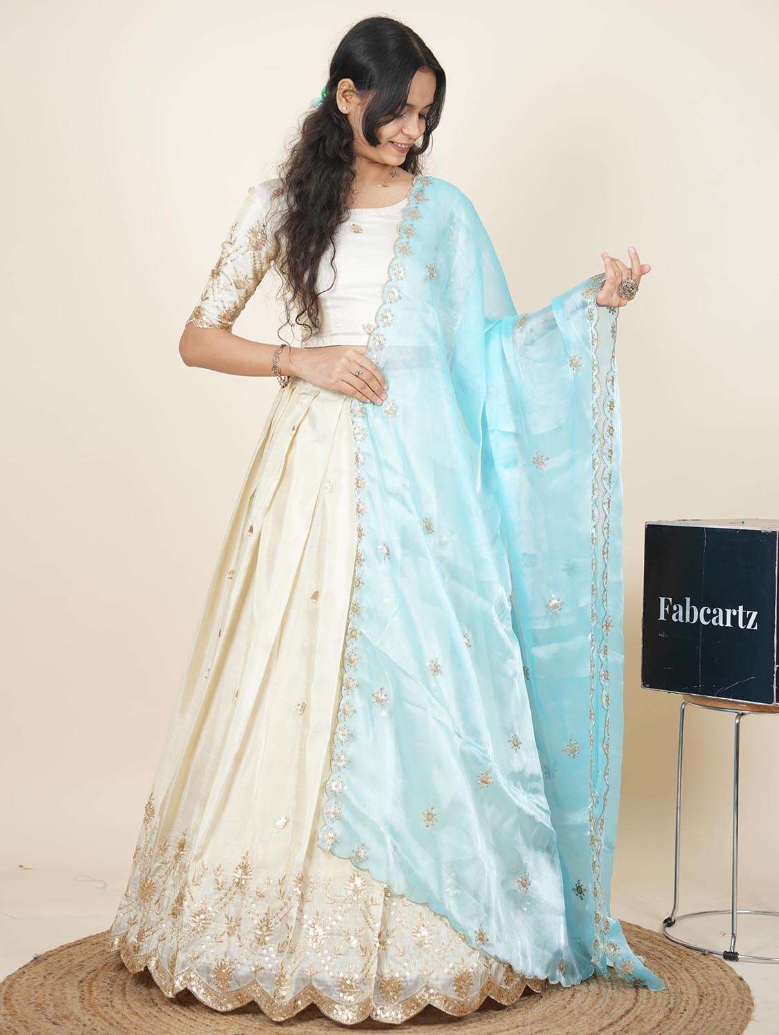 women solid with work semi-stitched flared lehenga - 22287100 -  Standard Image - 1