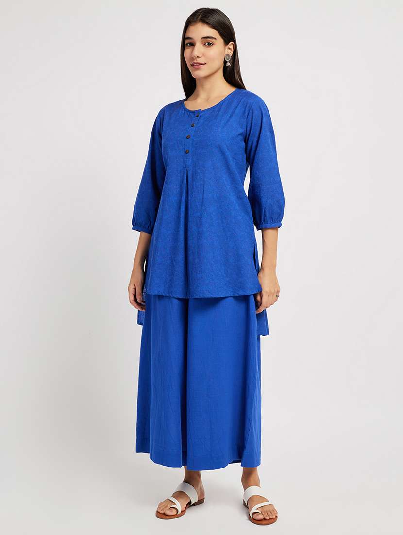 women solid three quarter sleeve high-low kurti - 22287122 -  Standard Image - 1