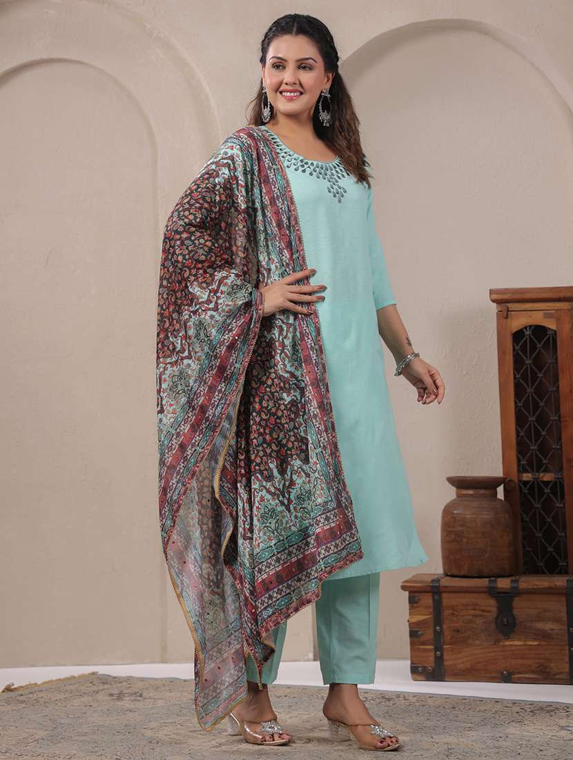 women solid with work three quarter sleeve kurta pant with dupatta set - 22287126 -  Standard Image - 1