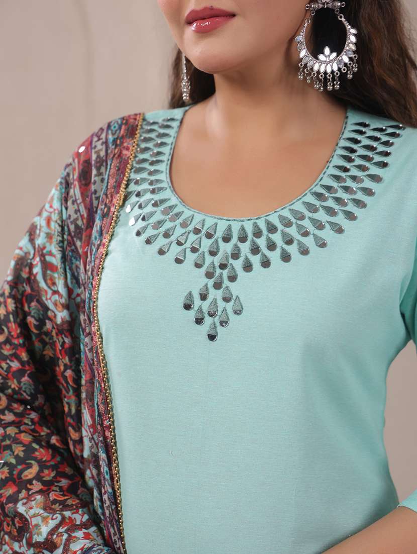 women solid with work three quarter sleeve kurta pant with dupatta set - 22287126 -  Standard Image - 4