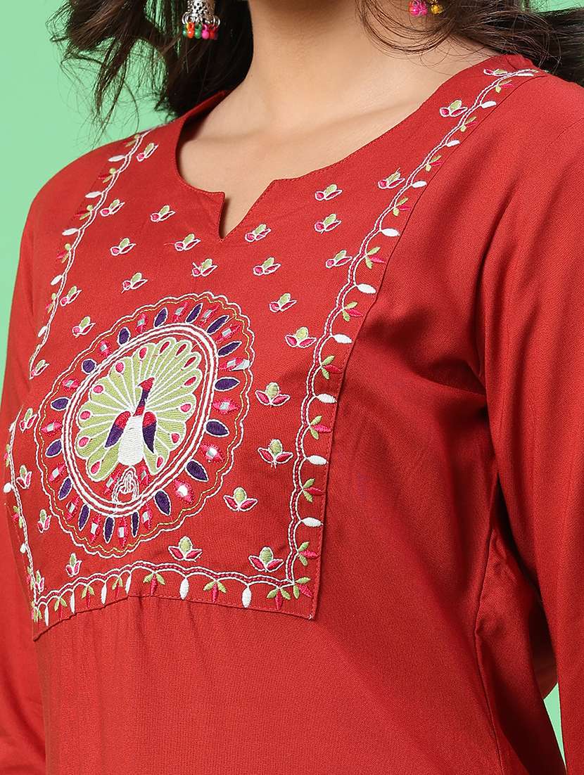 women embroidered three quarter sleeves straight kurta - 22287280 -  Standard Image - 1
