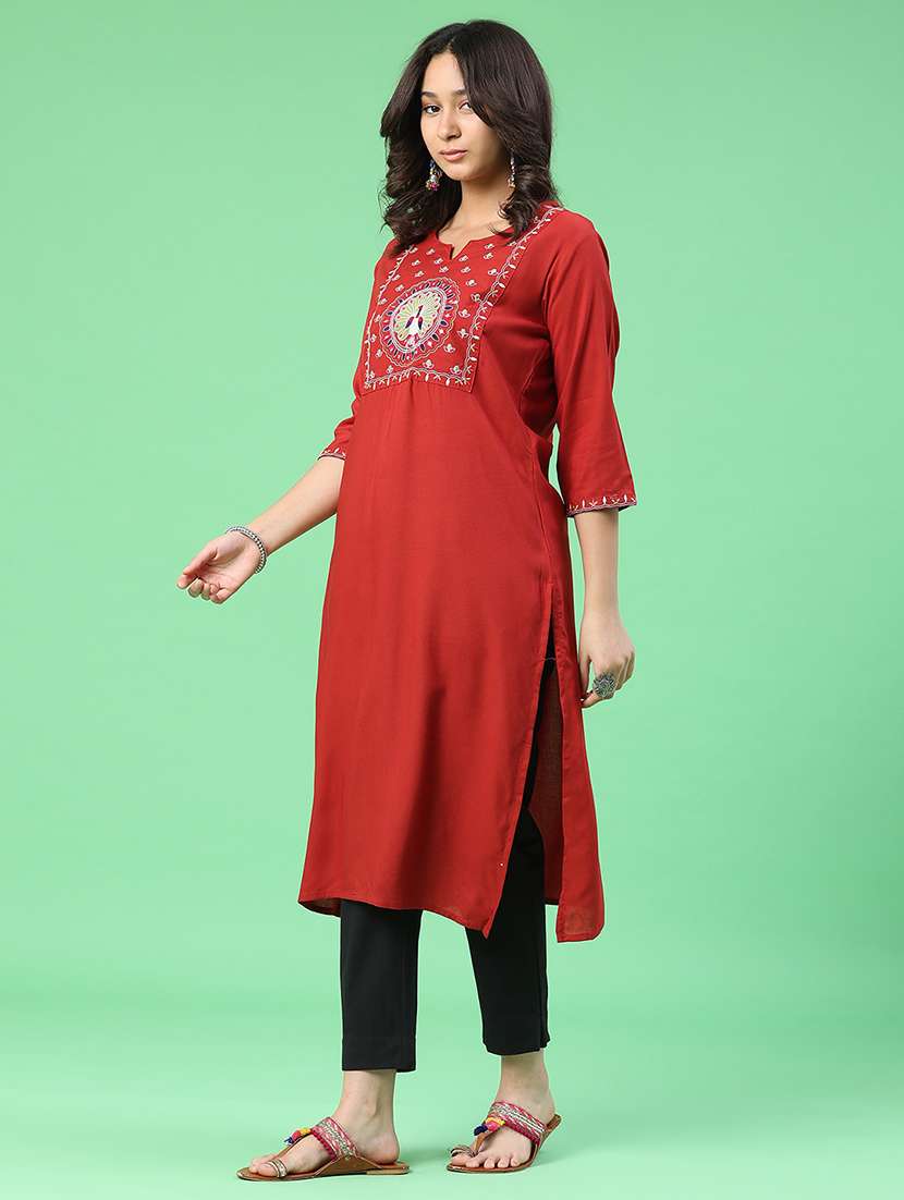 women embroidered three quarter sleeves straight kurta - 22287280 -  Standard Image - 4
